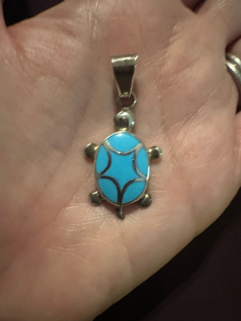 Sterling Silver Turtle Pendant with Turquoise Inlay - Picture 2 of 5